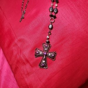Black and purple beaded cross necklace